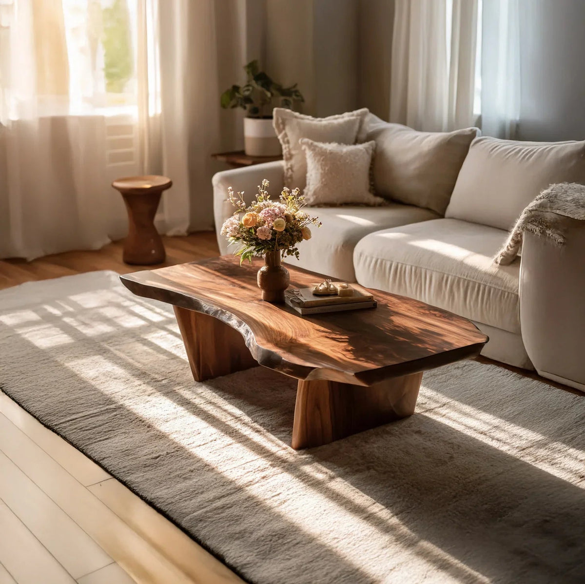 Handgemaakte massief houten salontafel in woonkamer met detail van houtnerven