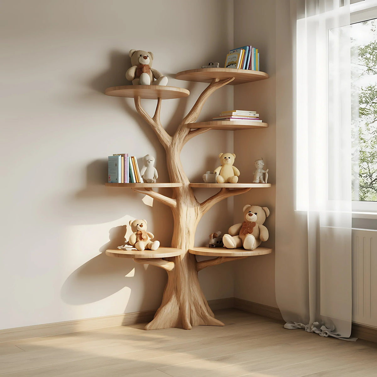 Boomvormige kinderboekenplank in hoekopstelling met schattige teddyberen