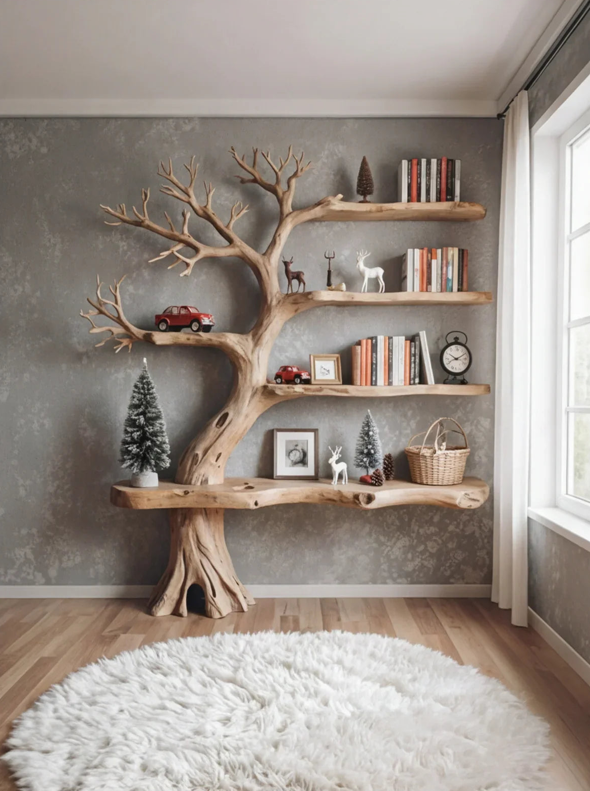 Houten boekenrek in boomvorm met boeken in een gezellige woonkamer