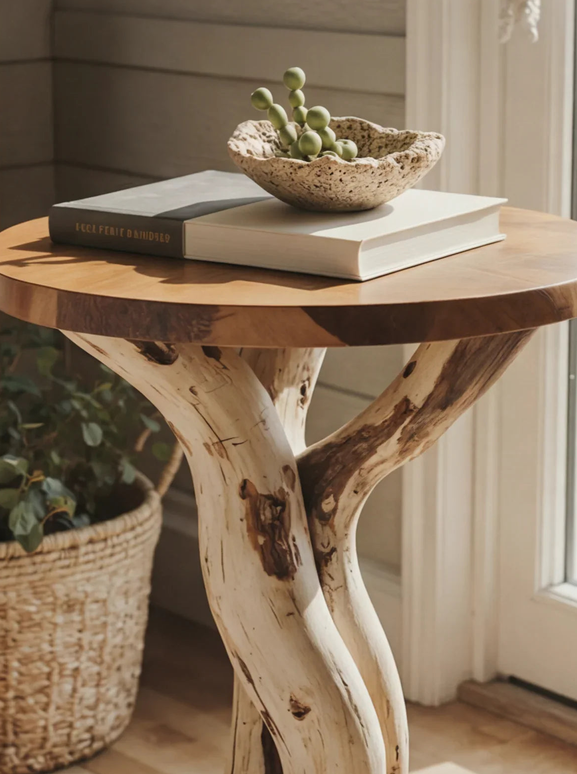 Massief houten bijzettafel bij het raam met boeken en stenen schaal