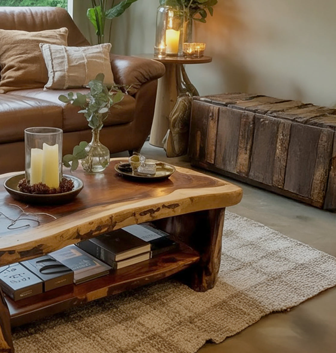 Live Edge Coffee Table – Handmade Solid Wood Center Table with Storage Shelf