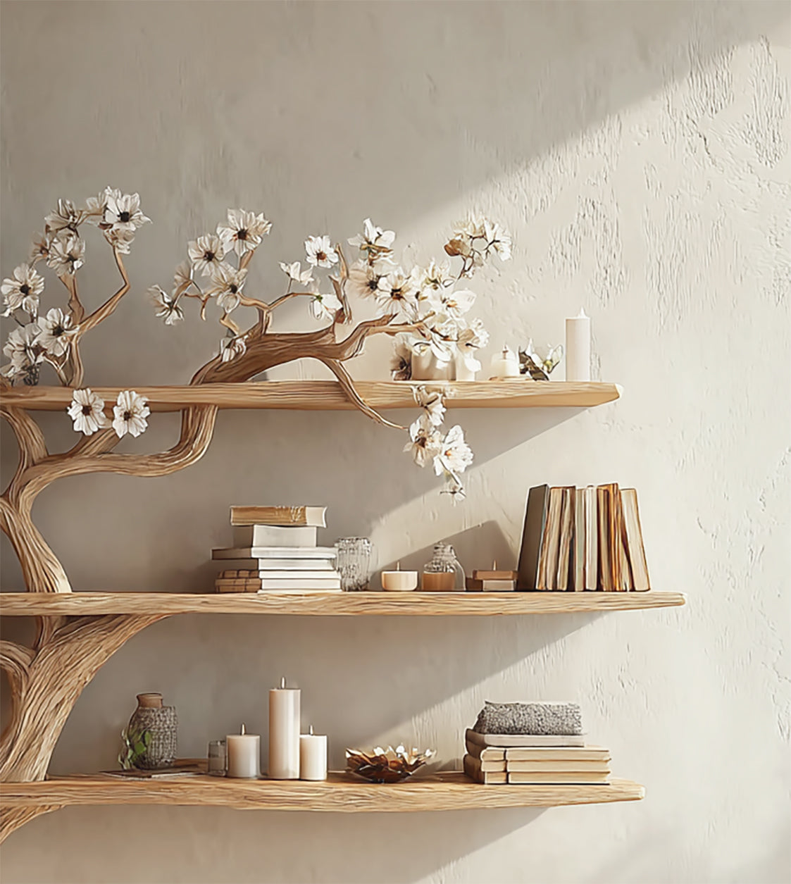 Rustieke Boomtak Boekenplank – Zwevende Wandplank Woonkamer