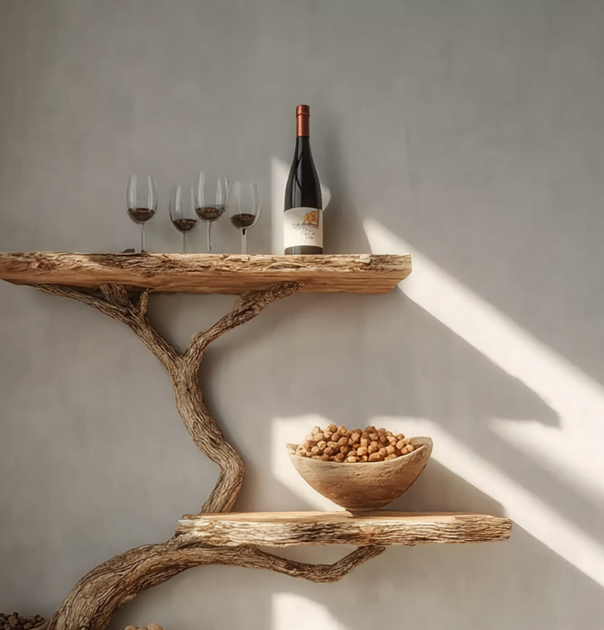 Rustic Driftwood Tree Branch Floating Shelf – Handcrafted Solid Wood Wall Shelf