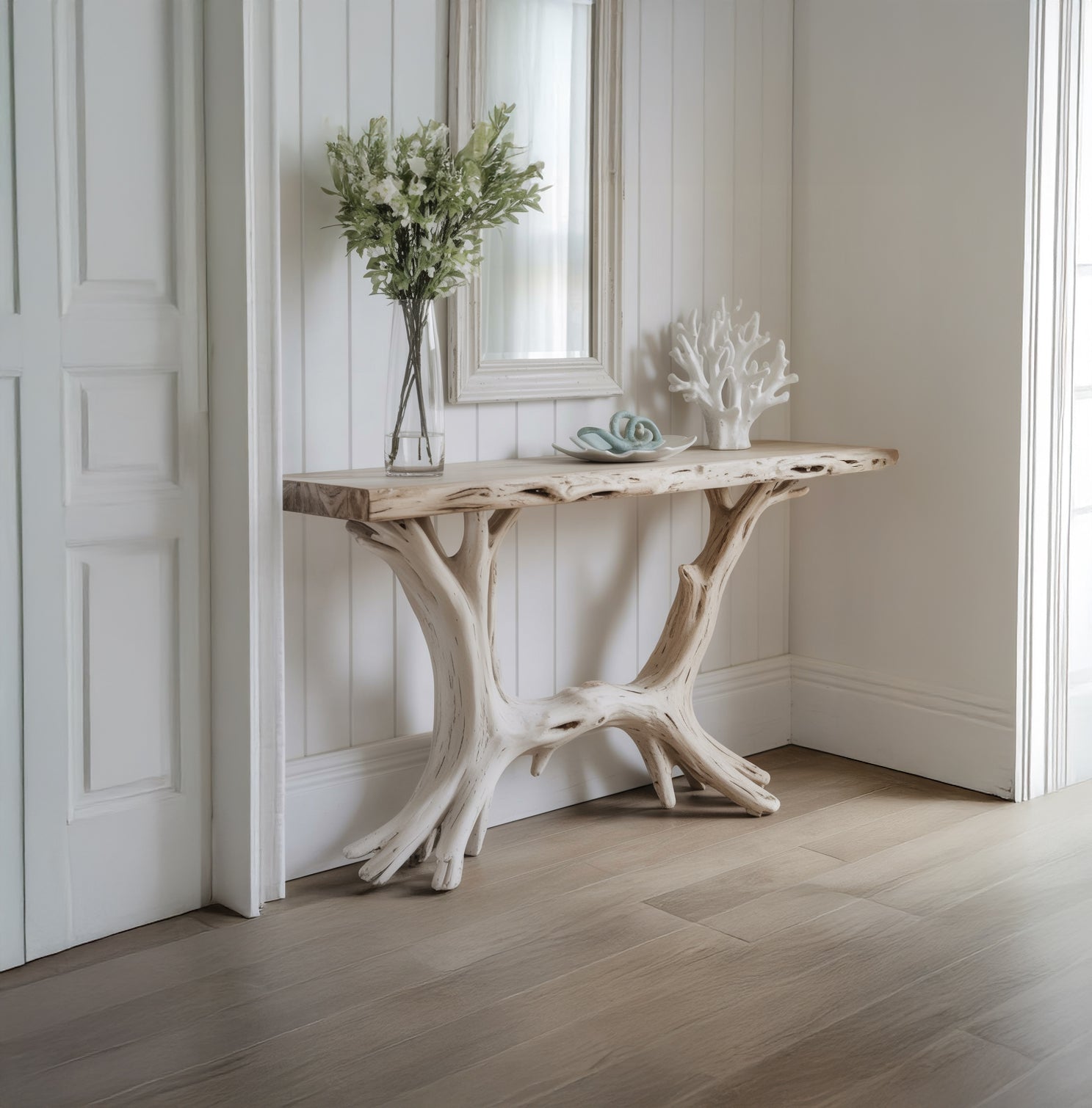 Live Edge Consoletafel met Sculpturale Houten Basis – Handgemaakt