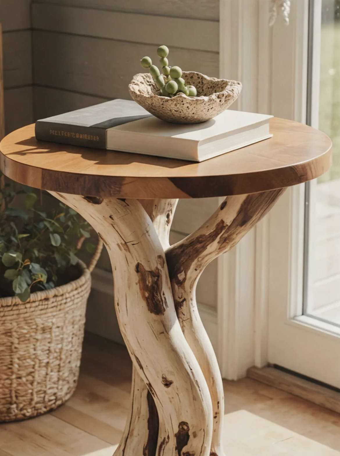 Zijtafel van massief hout met keramieken schaal en boeken in het daglicht