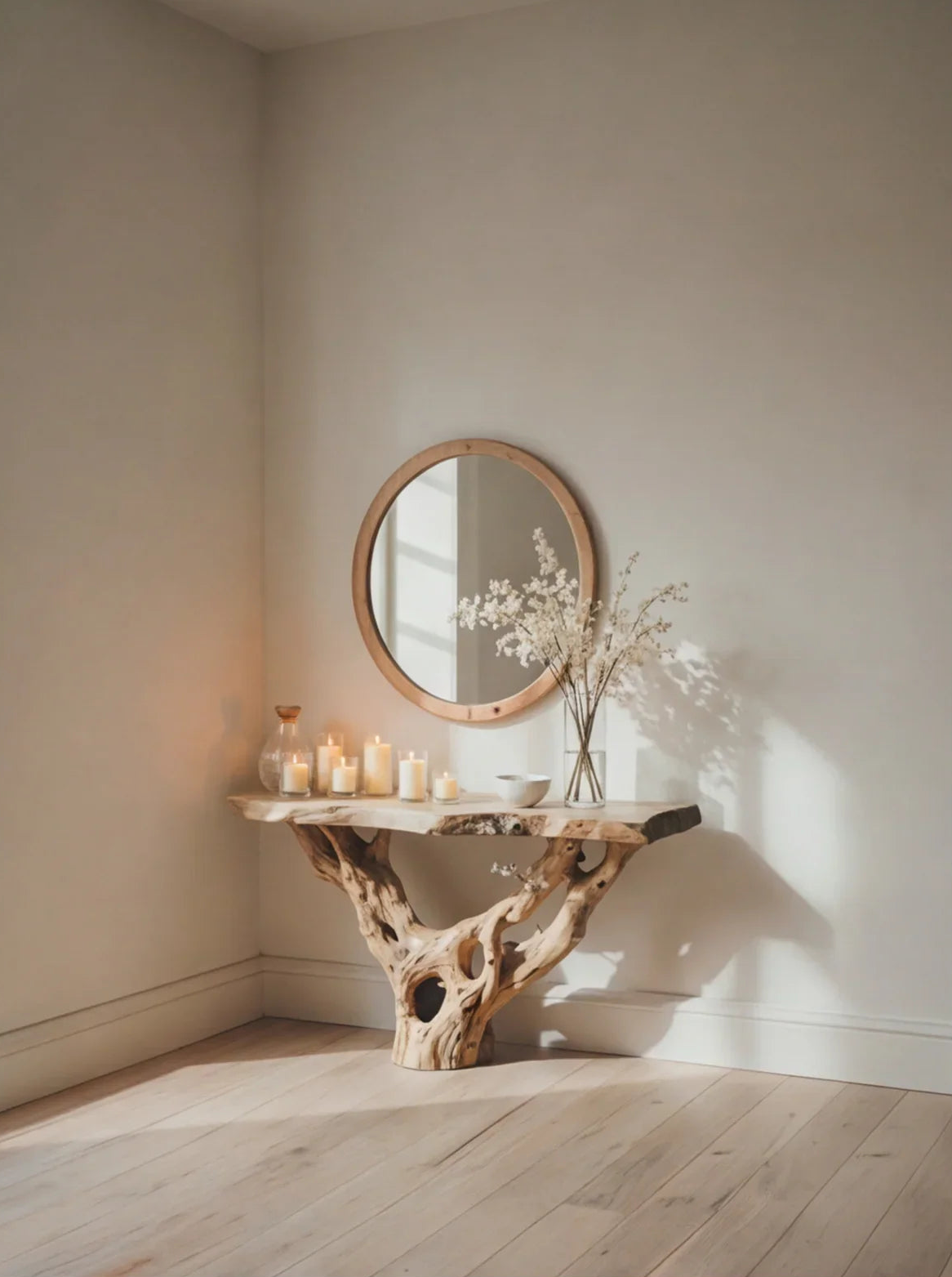 Duurzaam gemaakte boomrand haltafel in een minimalistisch interieur