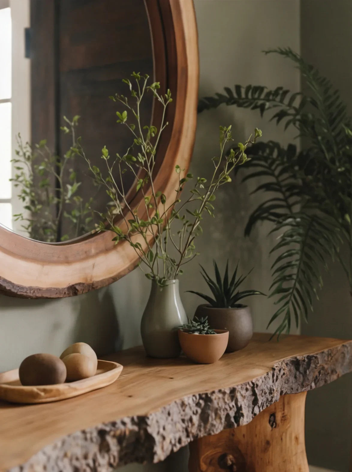 Landelijke houten sidetable met kamerplanten en rustieke wanddecoratie