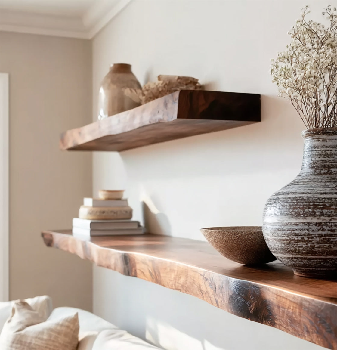 Handgemaakte Live Edge Houten Zwevende Planken – Rustieke Wandplank