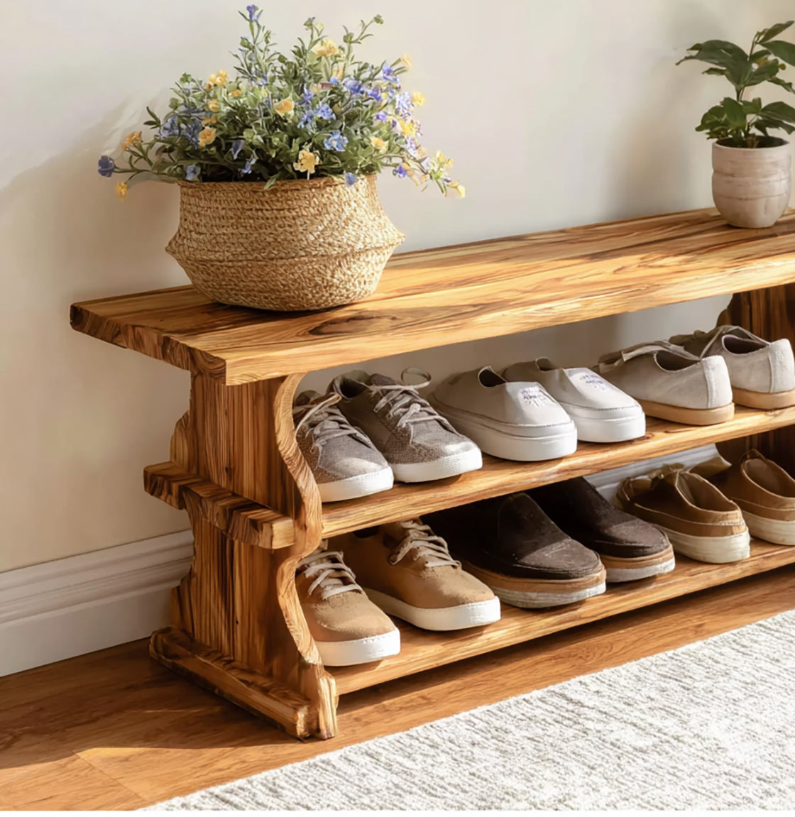 Handcrafted Solid Wood Shoe Bench – Rustic Entryway Shoe Rack with Natural Grain Shelves