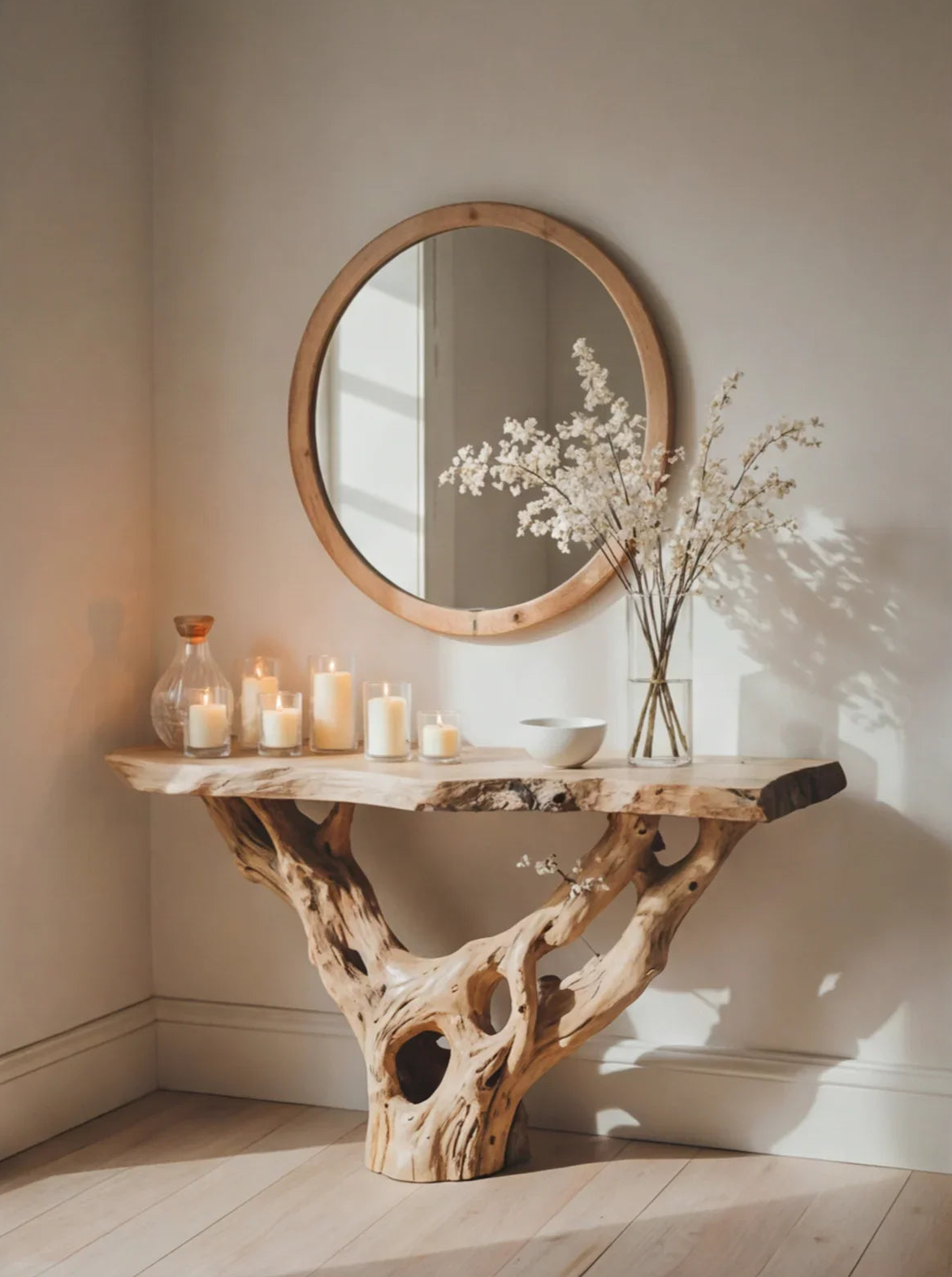 Boomrand sidetable met sculpturaal onderstel en decoratieve accessoires