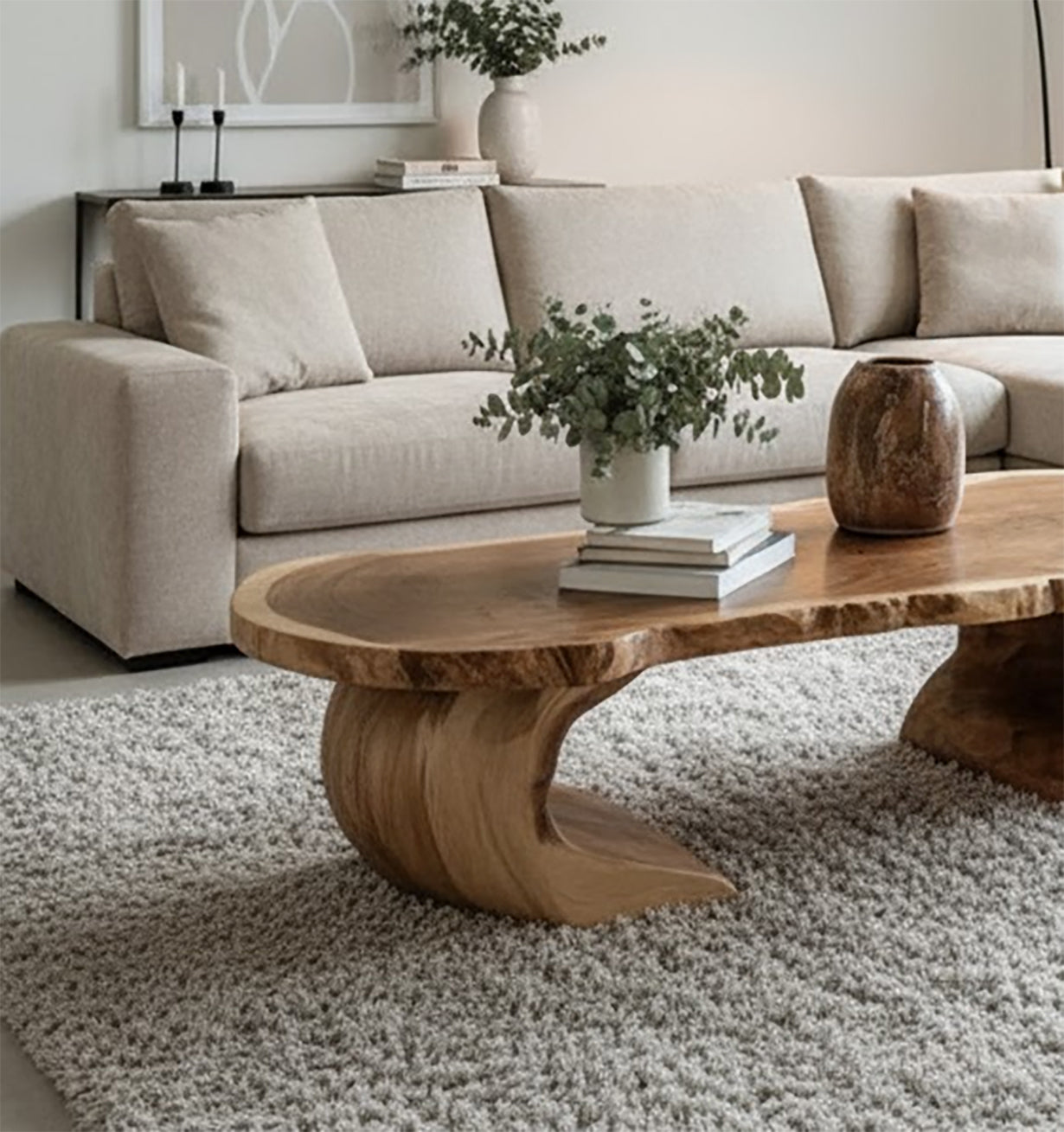 Rustic Handmade Wooden Coffee Table – Live Edge Solid Wood Farmhouse Trestle Table