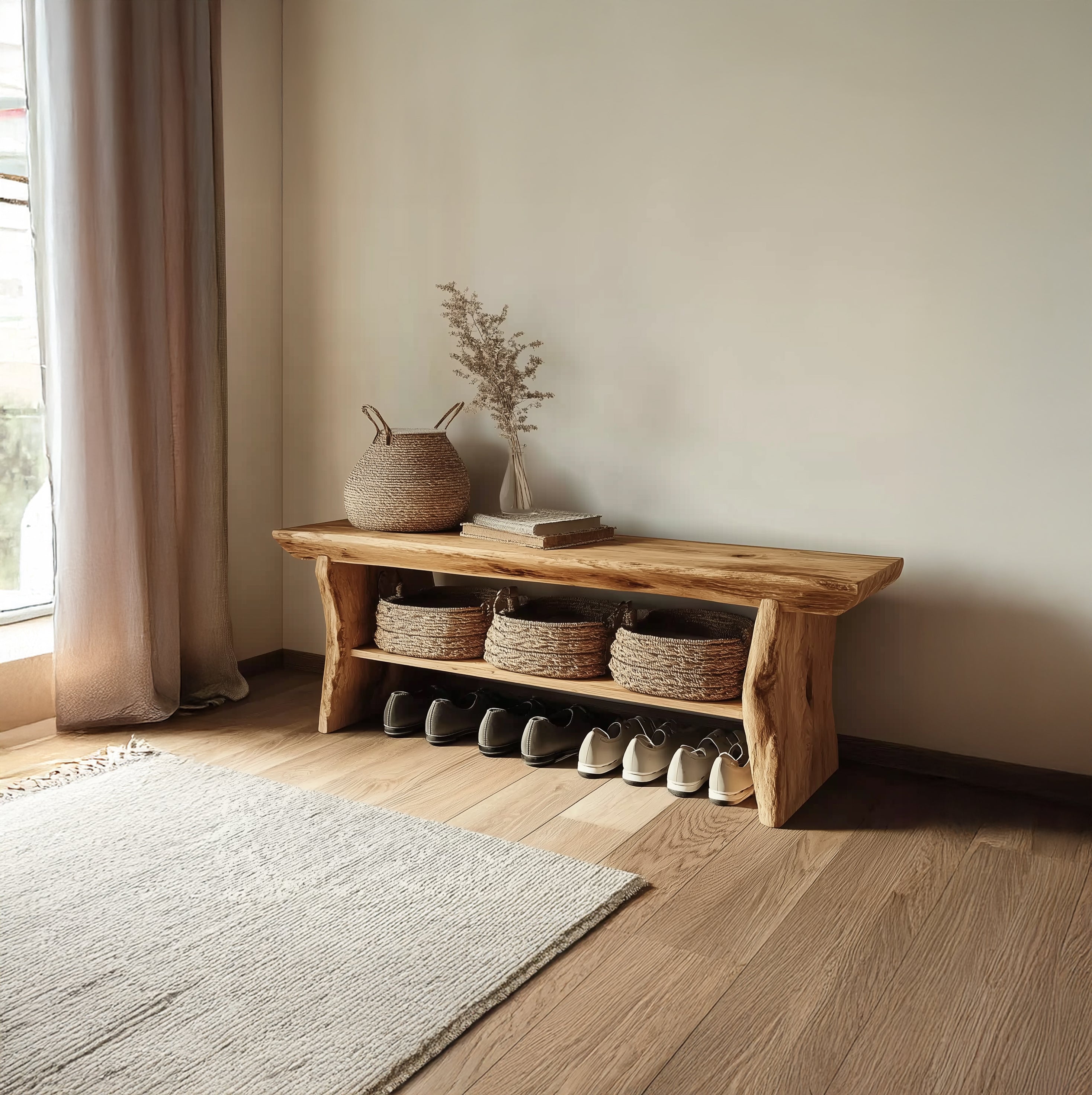 Live Edge Wooden Entryway Bench – Solid Wood Hallway Bench with Shelf