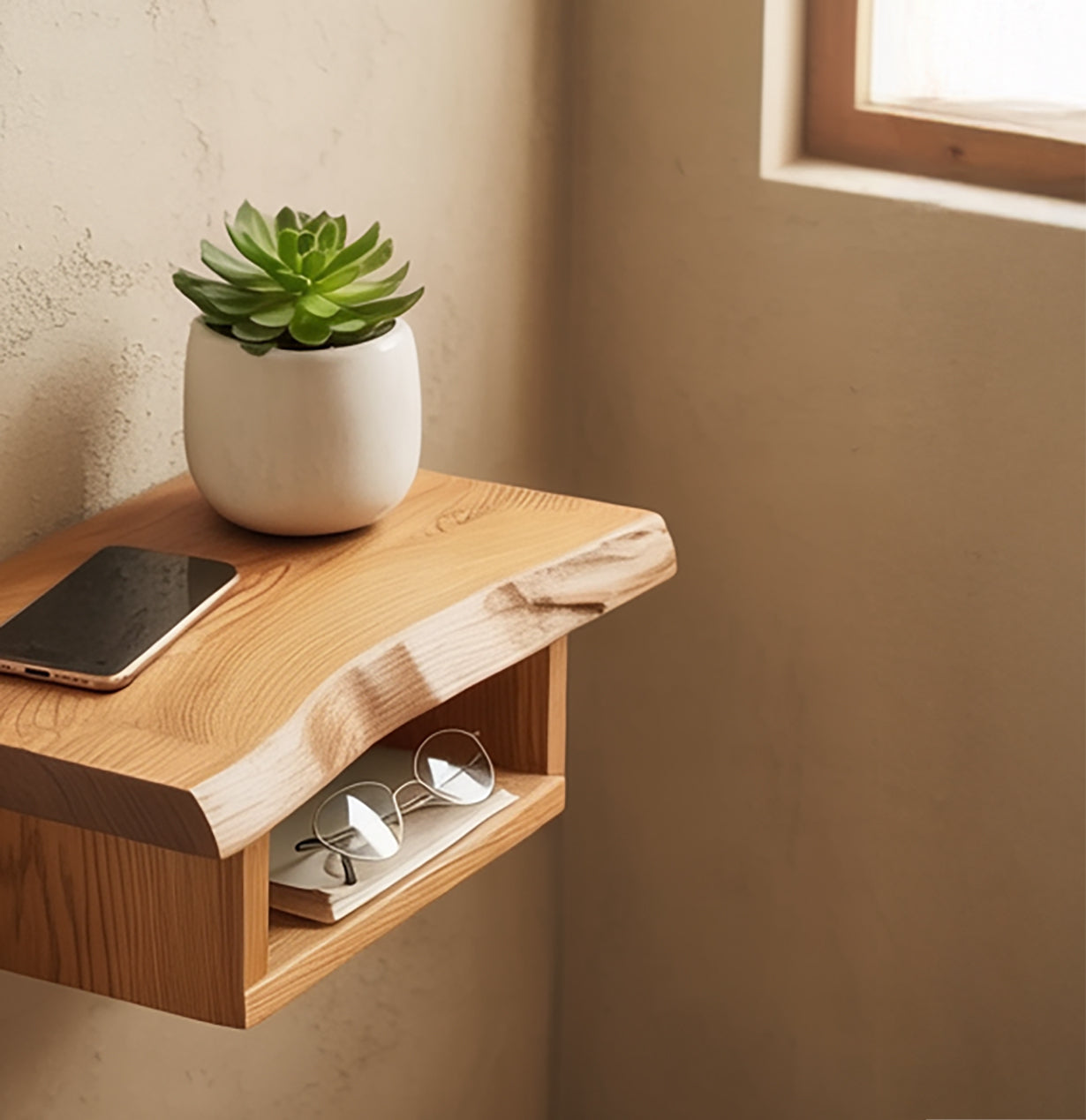 Handgemaakte Massief Houten Nachtkastje met Open Plank