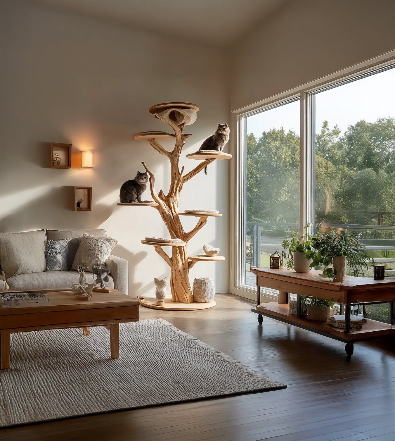 Handgemaakte Houten Kattenboom – Massief Hout, Meerdere Niveaus