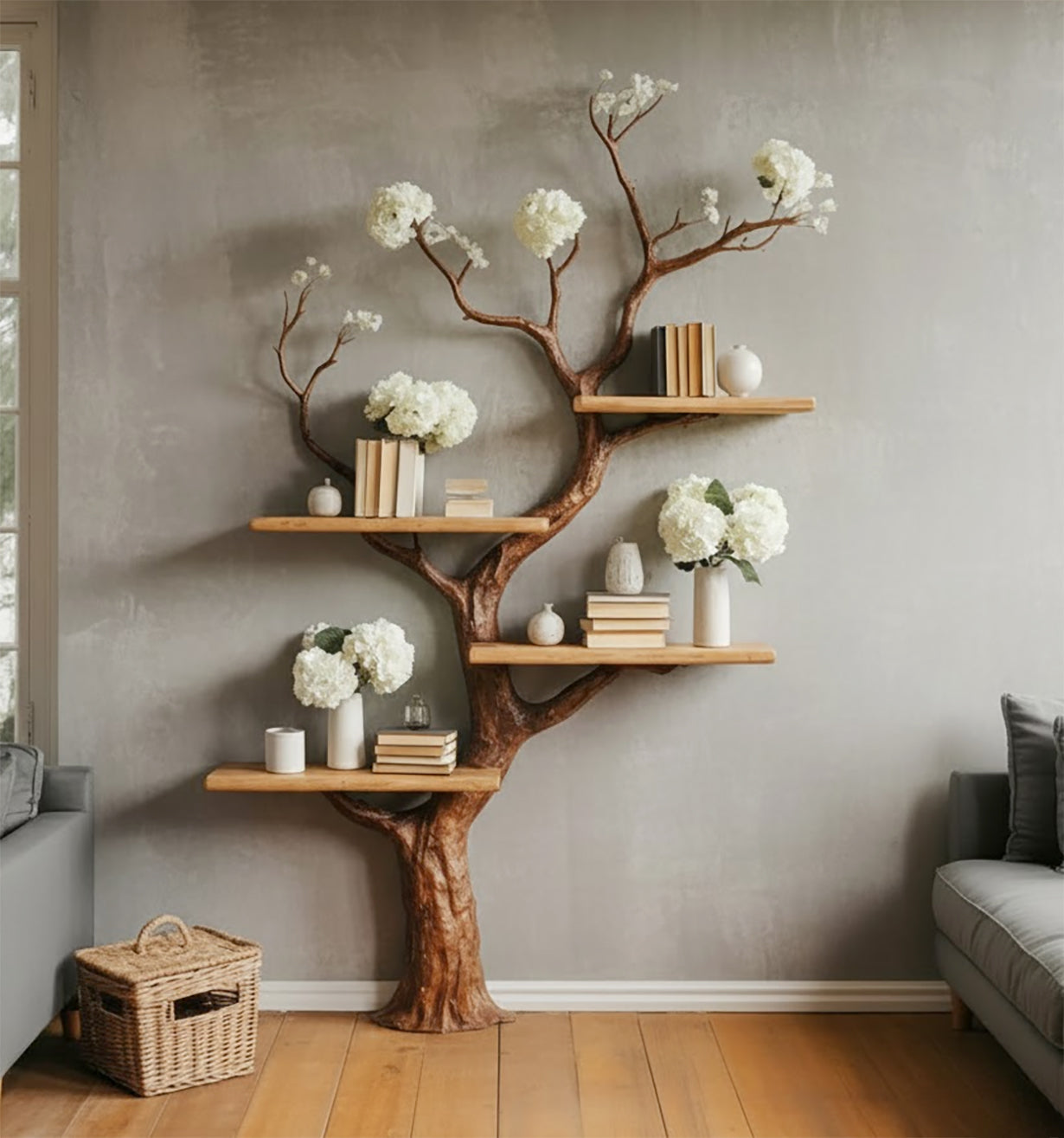 Handgemaakte Boomboekenkast van Massief Hout – Natuurdecor