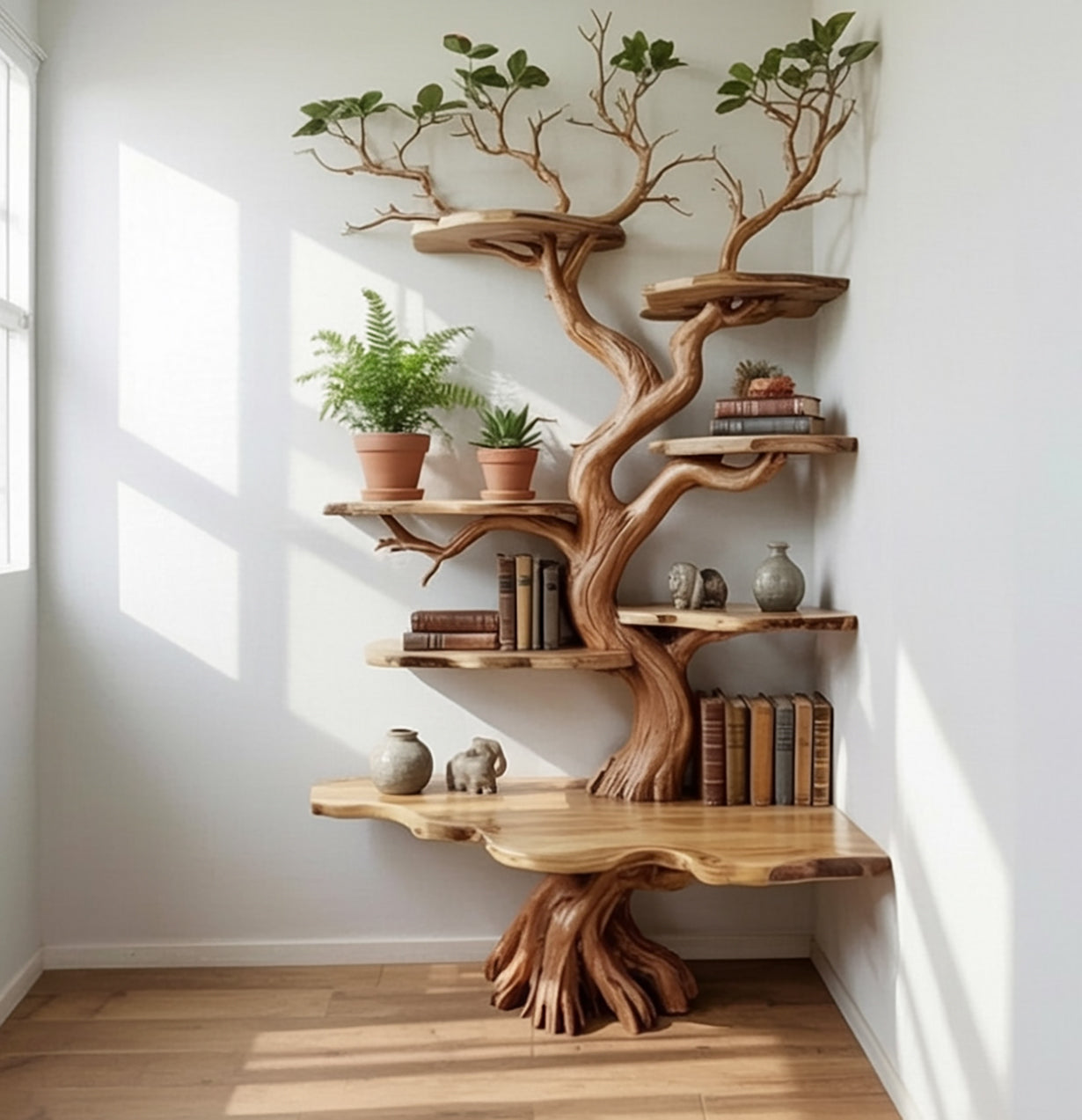 Boomtak Hoek Boekenkast – Massief Houten Wandplank Decor