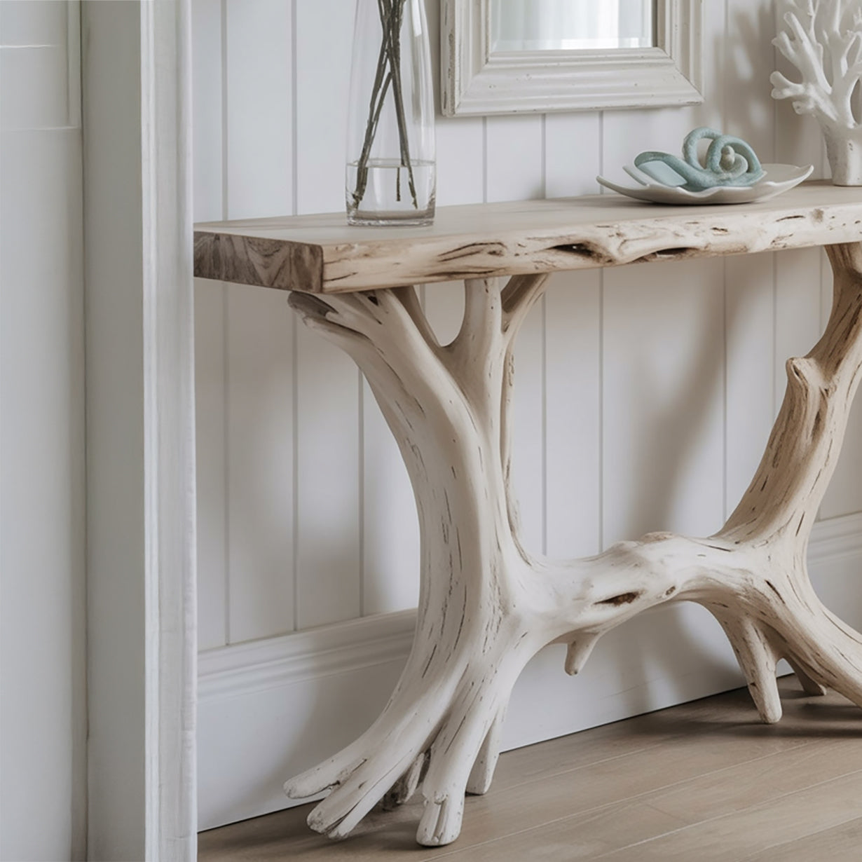 Live Edge Consoletafel met Sculpturale Houten Basis – Handgemaakt