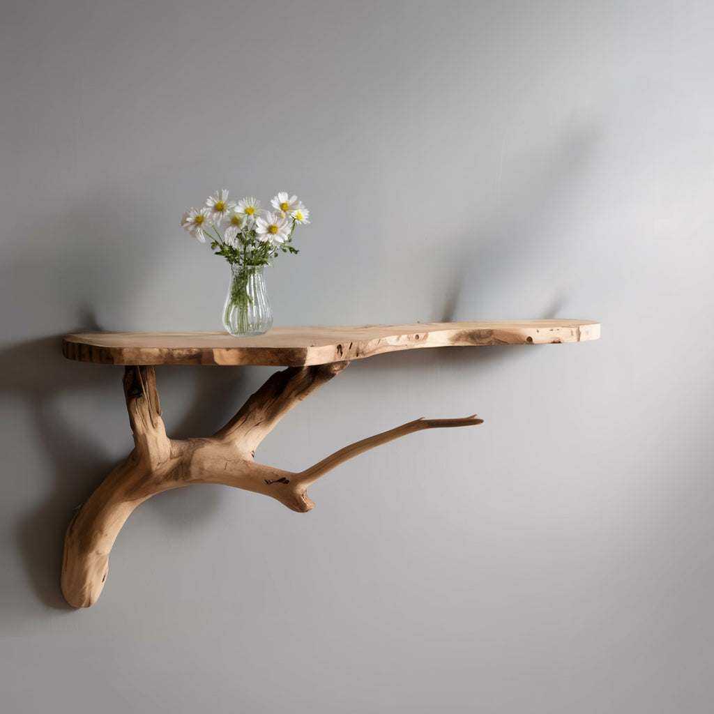 Handgemaakte Live Edge Zwevende Wandplank van Natuurlijk Hout