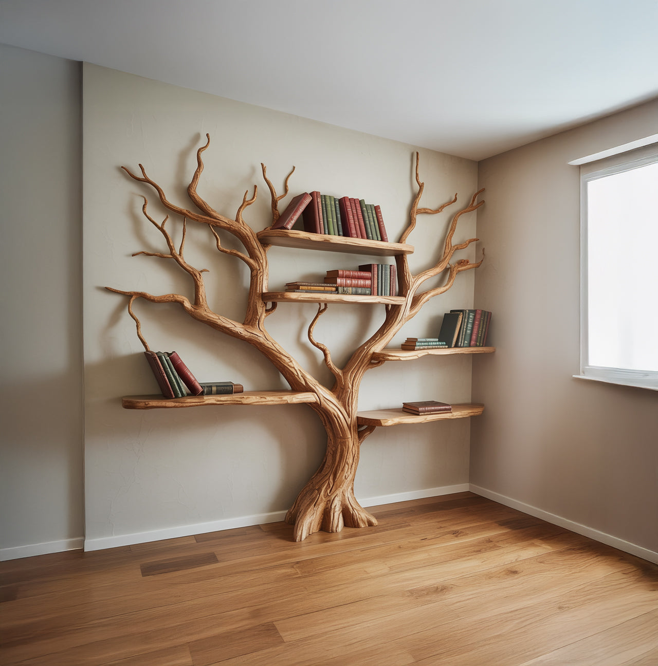 Driftwood Boom Boekenkast – Rustieke Zwevende Wandplank Hout