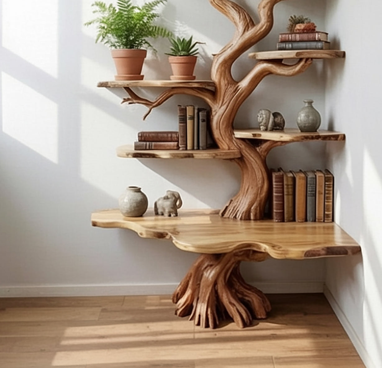 Boomtak Hoek Boekenkast – Massief Houten Wandplank Decor
