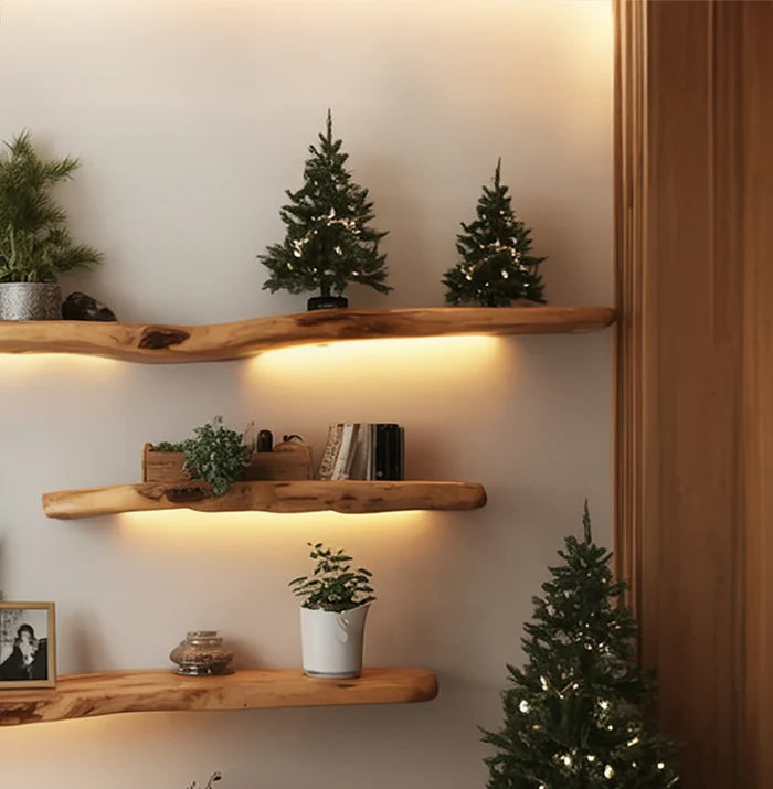Rustieke Handgemaakte Wandplank – Live-Edge Golvende Houten Plank voor Wanddecoratie