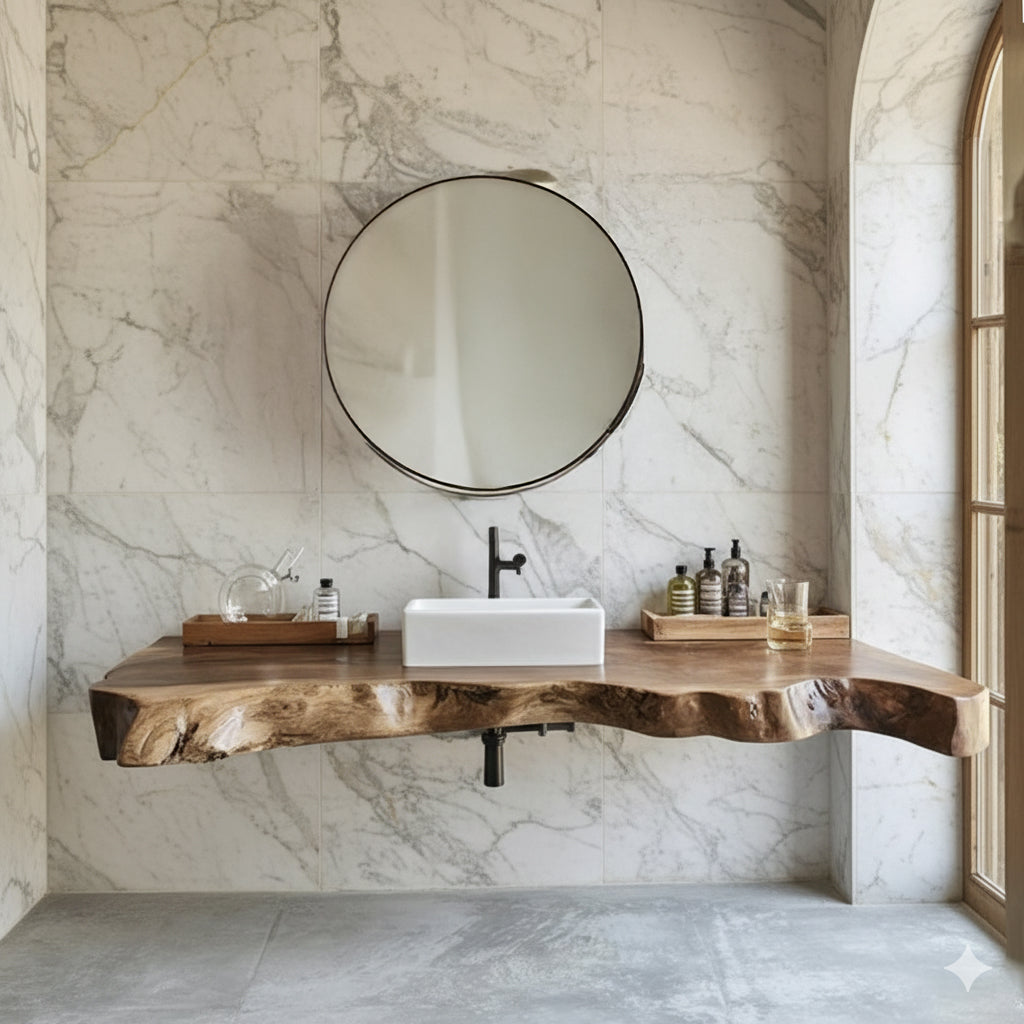 Live Edge Floating Bathroom Vanity Shelf – Solid Wood Wall Mounted Shelf