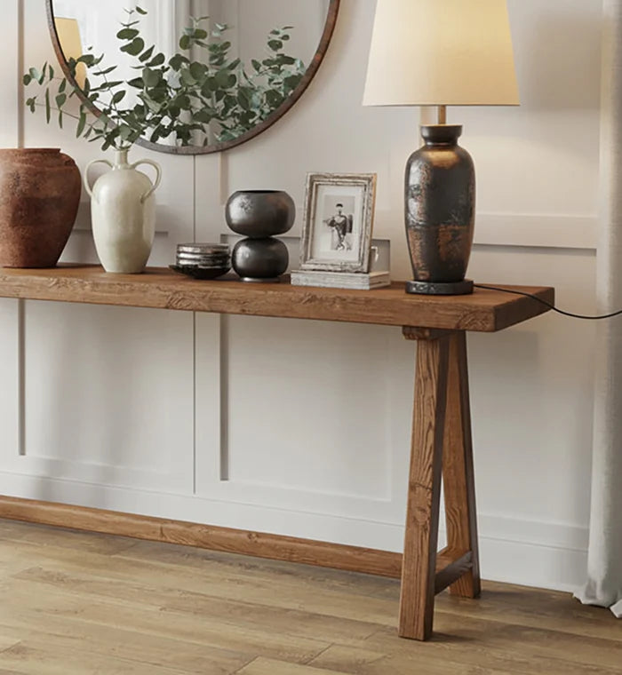 Rustieke Handgemaakte Console Tafel – Gerecycled Hout Live-Edge Halmeubel
