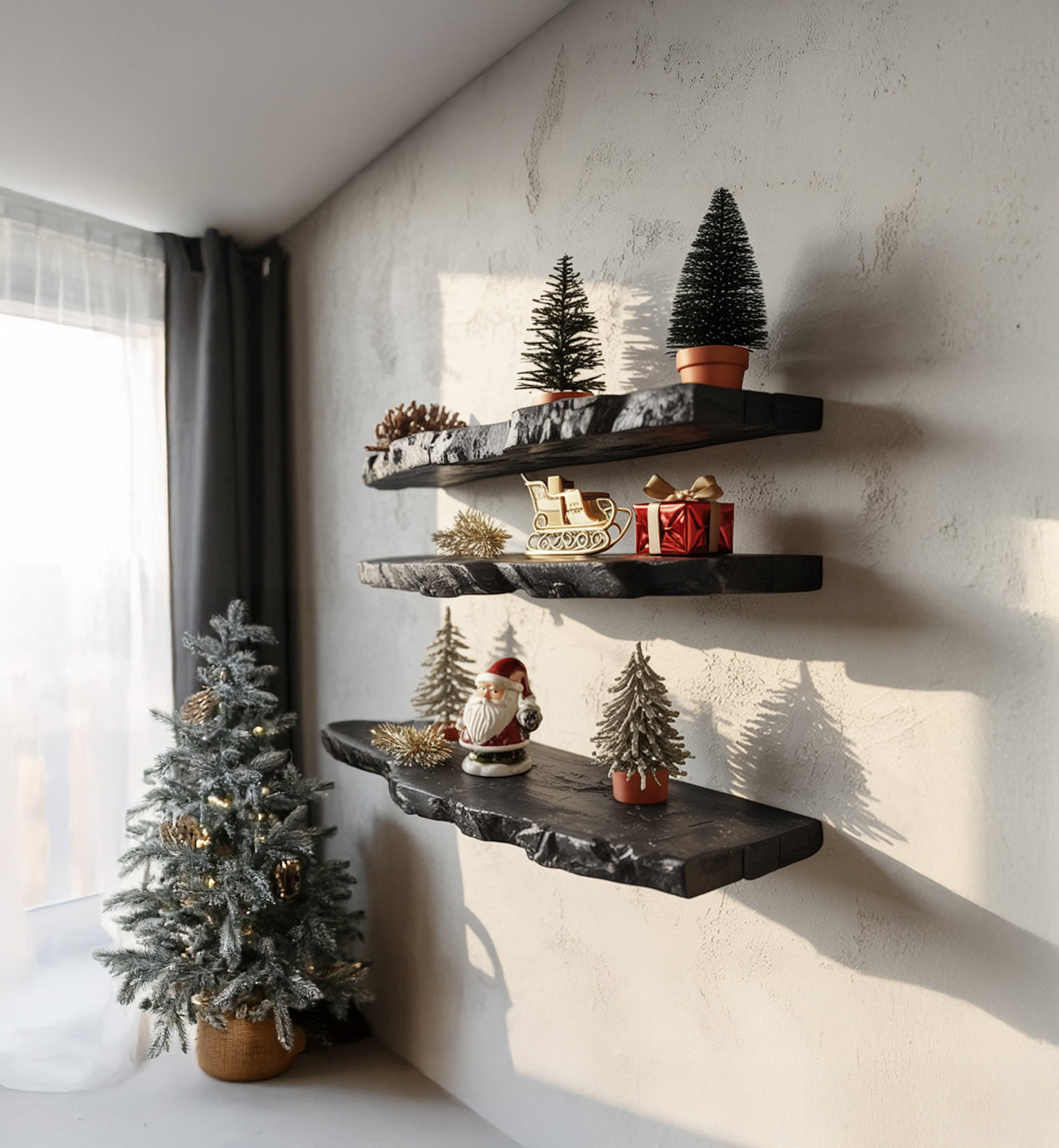 Rustic Floating Wall Shelf with Live Edge – Solid Walnut Handmade Décor