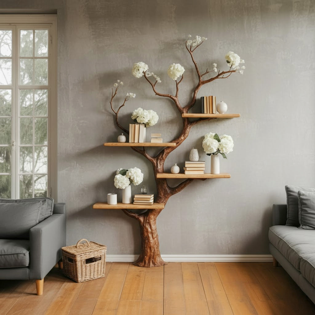 Handgemaakte Boomboekenkast van Massief Hout – Natuurdecor