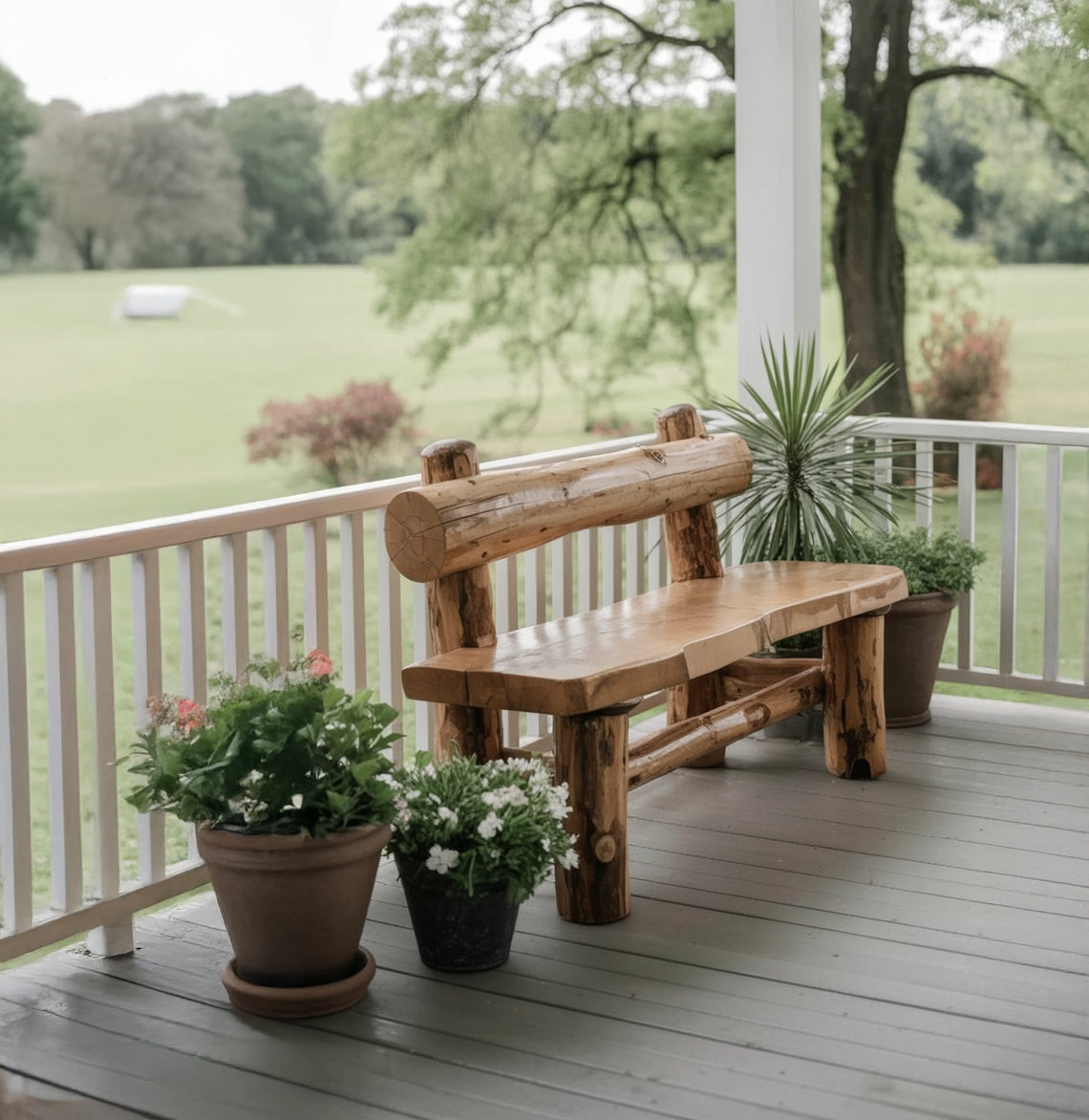 Rustic Live Edge Outdoor Wooden Bench With Backrest For Porch Or Garden