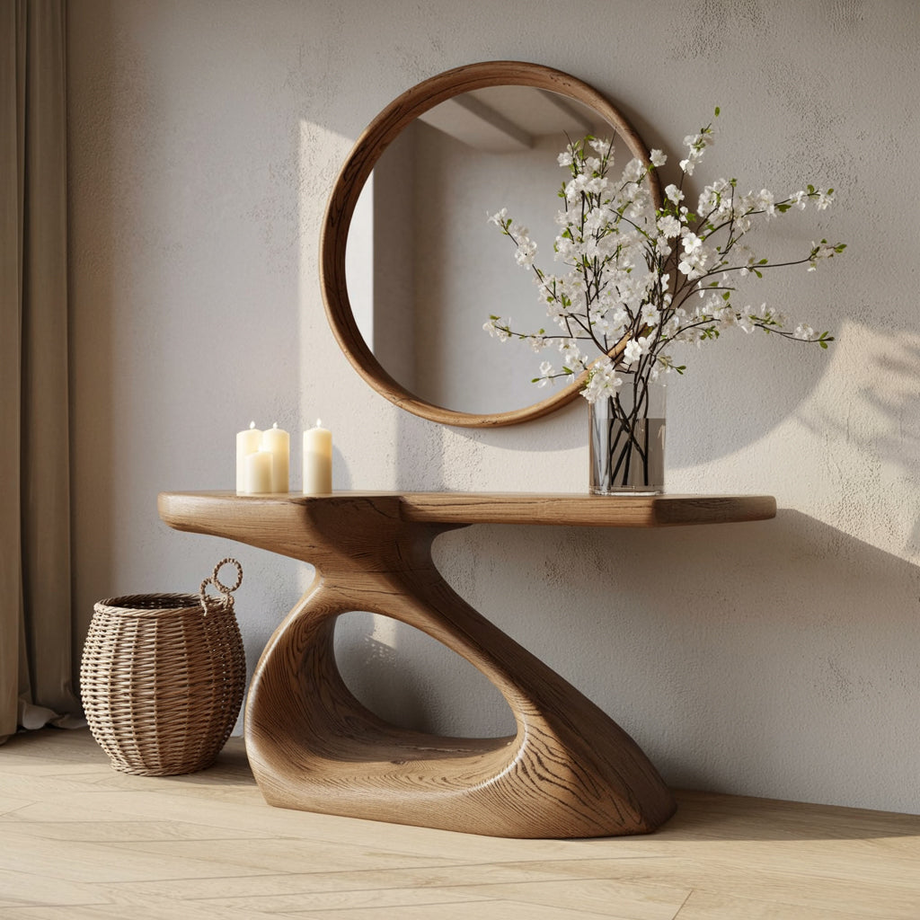 Natural Solid Wood Console Table – Handcrafted Sculptural Entryway Table