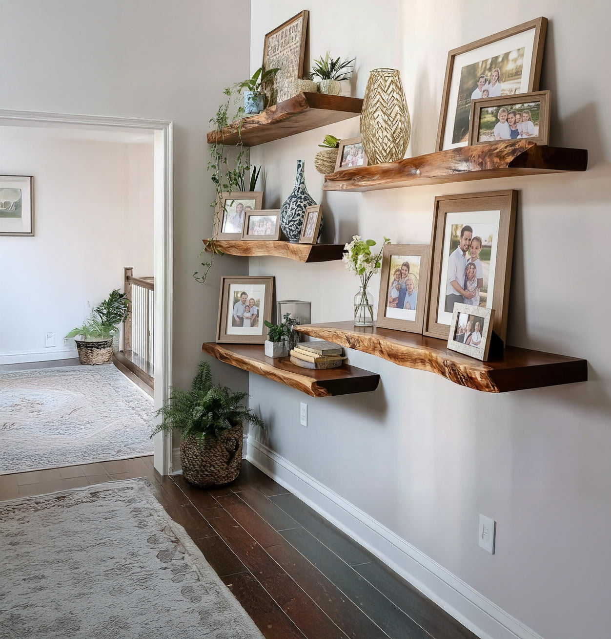 Handcrafted Live Edge Floating Shelves – Carved Wavy Wood Wall Art