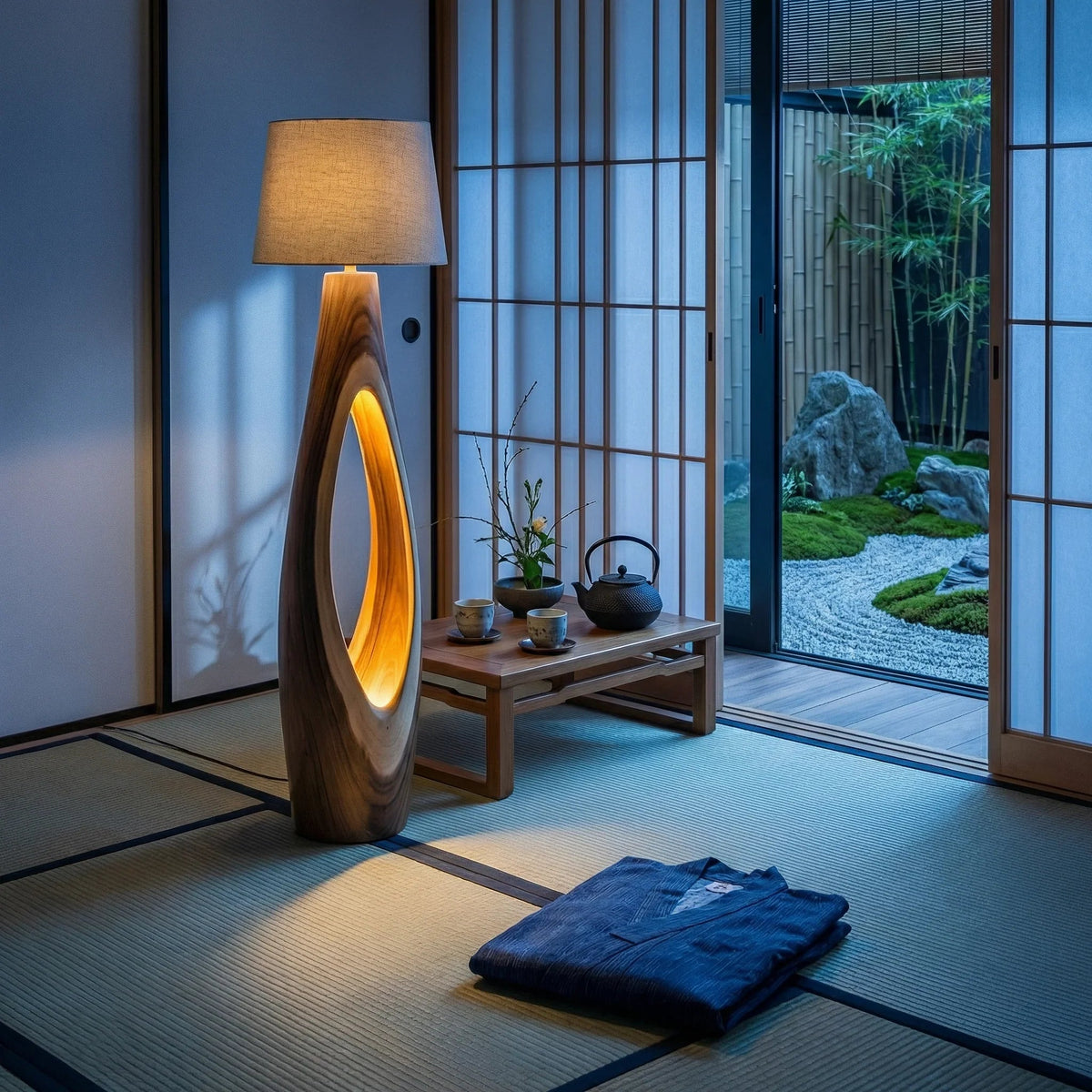 Minimalistische Japanse kamer met unieke handgemaakte houten vloerlamp