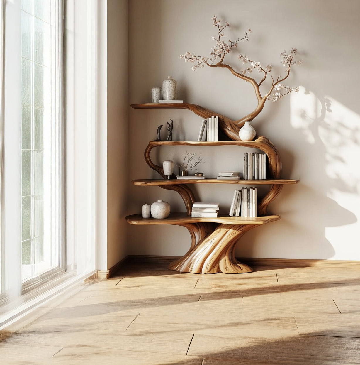Artistic Tree Bookshelf – Handmade Wooden Branch Bookcase for Home Decor