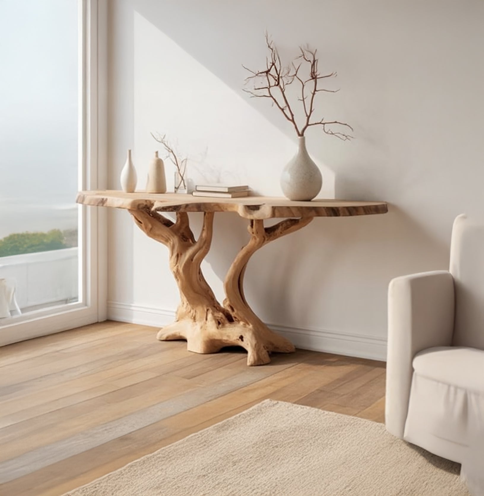 Handgemaakte Live Edge Consoletafel – Rustieke Massief Houten Tafel