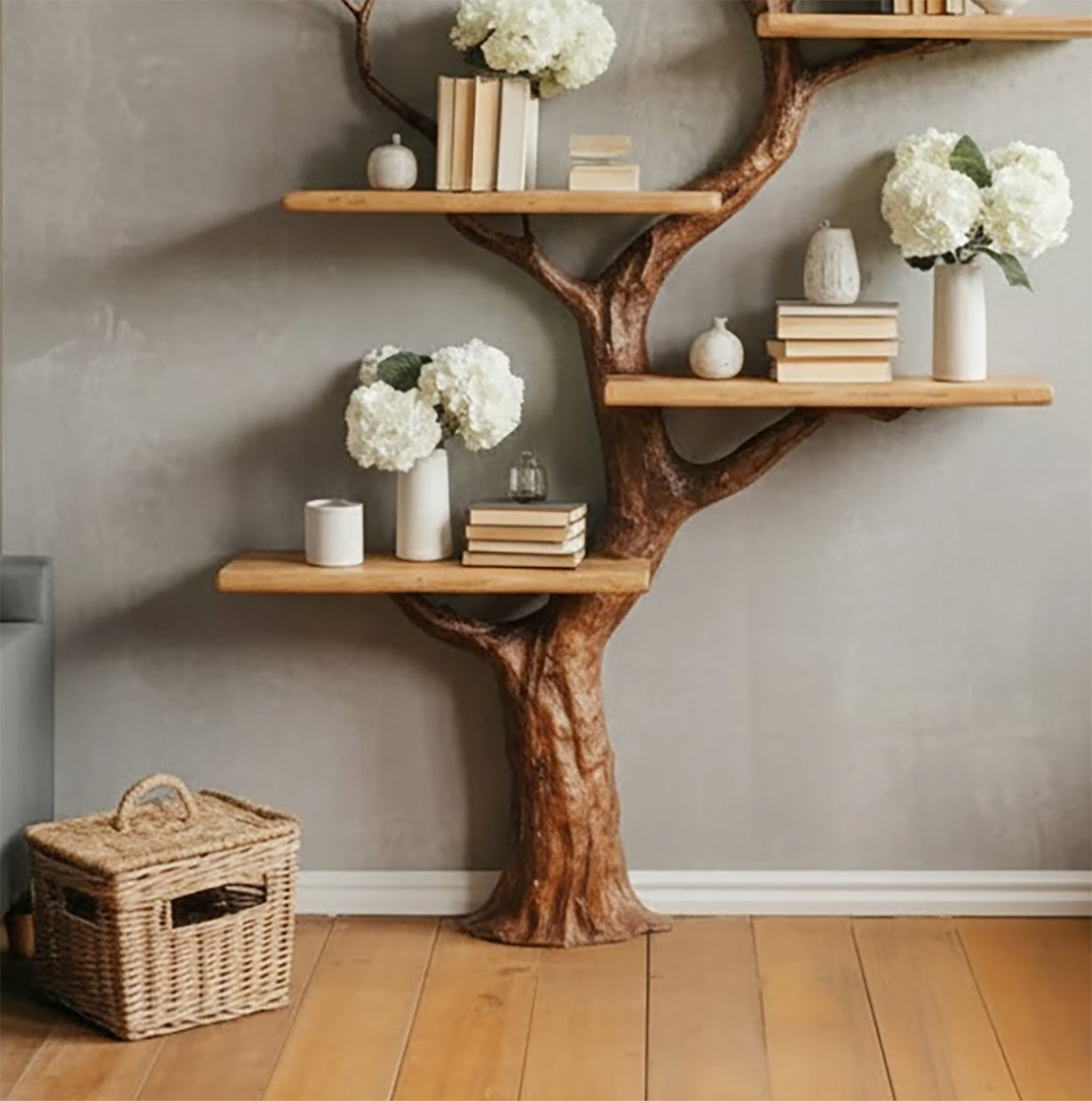 Handgemaakte Boomboekenkast van Massief Hout – Natuurdecor