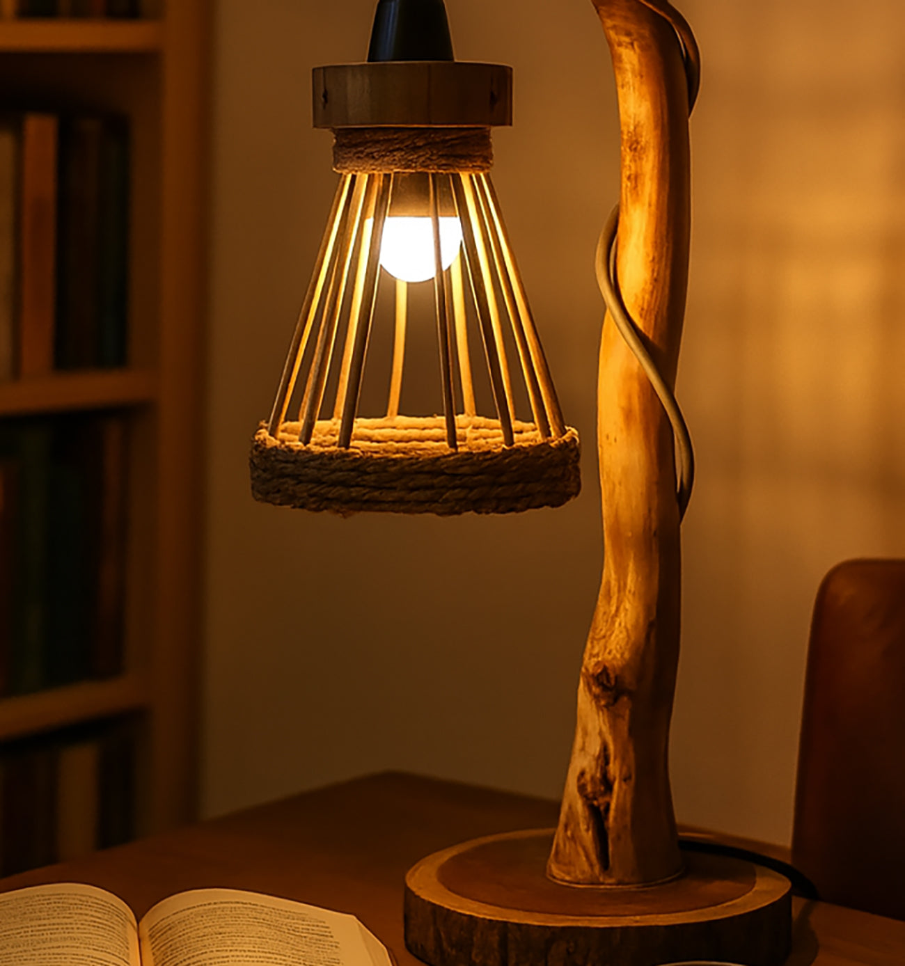 Rustieke Driftwood Vloerlamp – Boomtak Staande Lamp met Rotan Kap