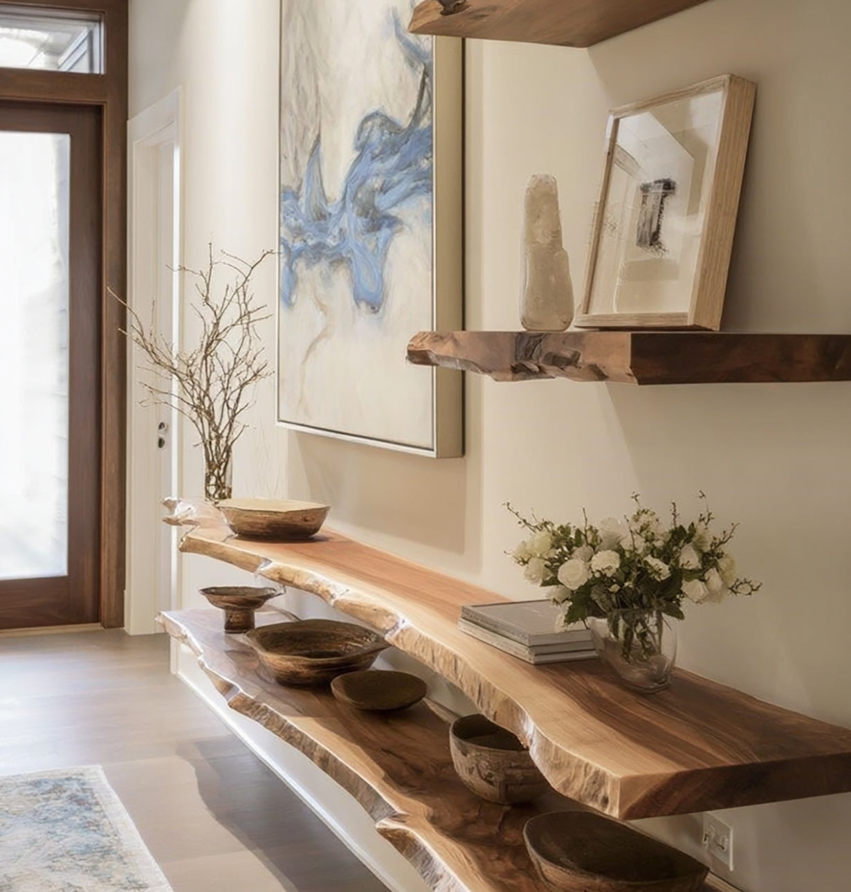 Handcrafted Live Edge Floating Shelf – Carved Wall-Mounted Wood Art