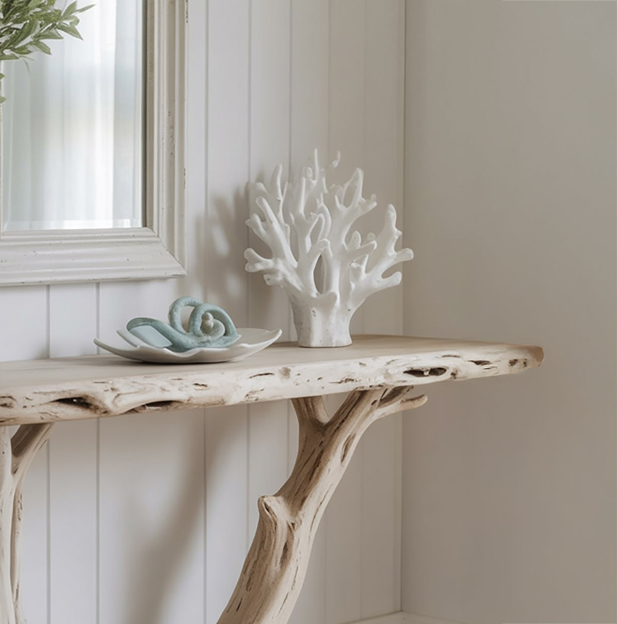 Live Edge Consoletafel met Sculpturale Houten Basis – Handgemaakt