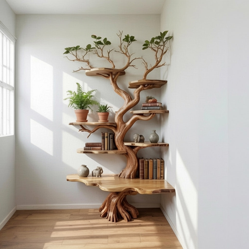 Boomtak Hoek Boekenkast – Massief Houten Wandplank Decor