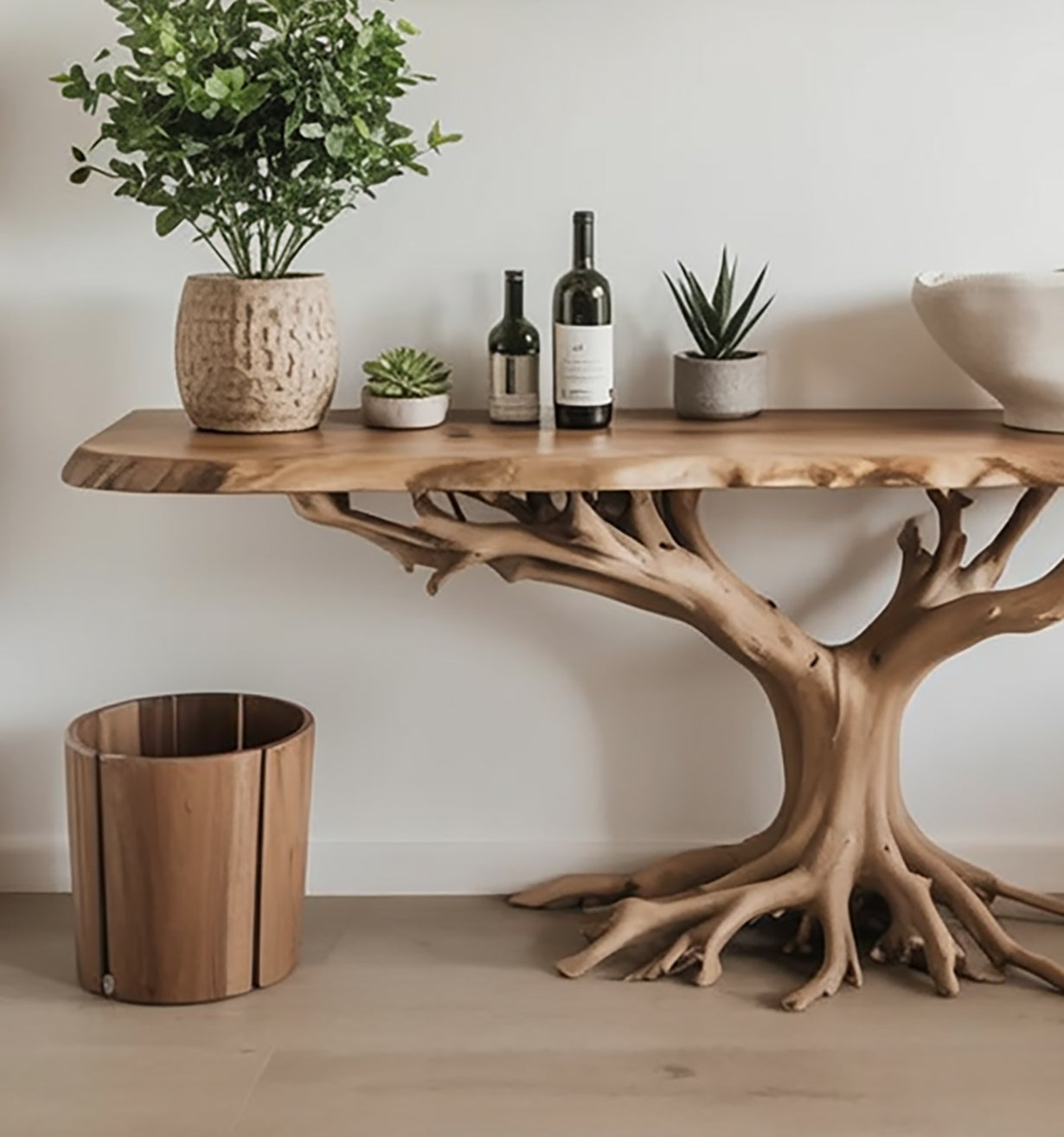 Massief houten consoletafel met boomvoet – uniek handgemaakt meubel