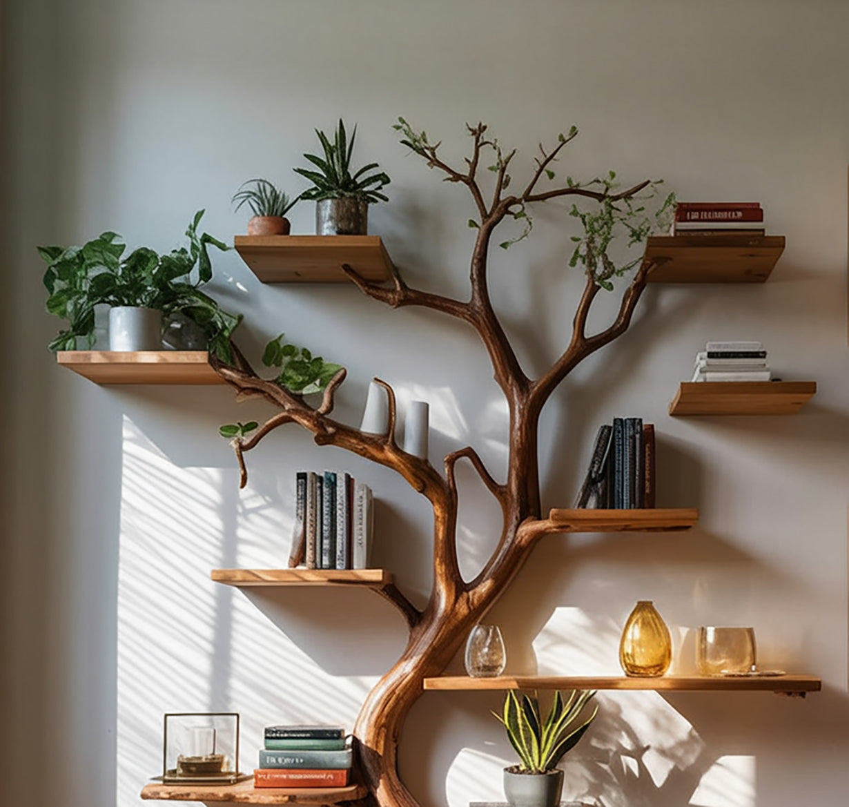 Decoratieve Boomstam Boekenkast – Grote Wandgemonteerde Houten Sculptuur