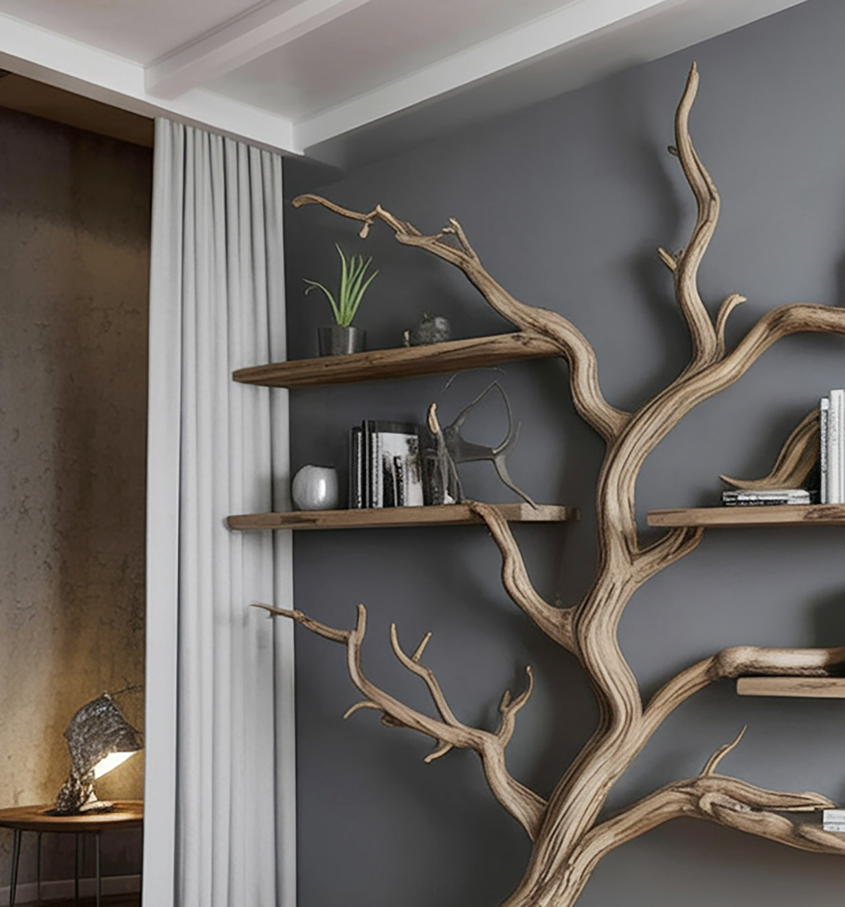 Boomtak Wandplank – Artistieke Massief Houten Zwevende Boekenplank