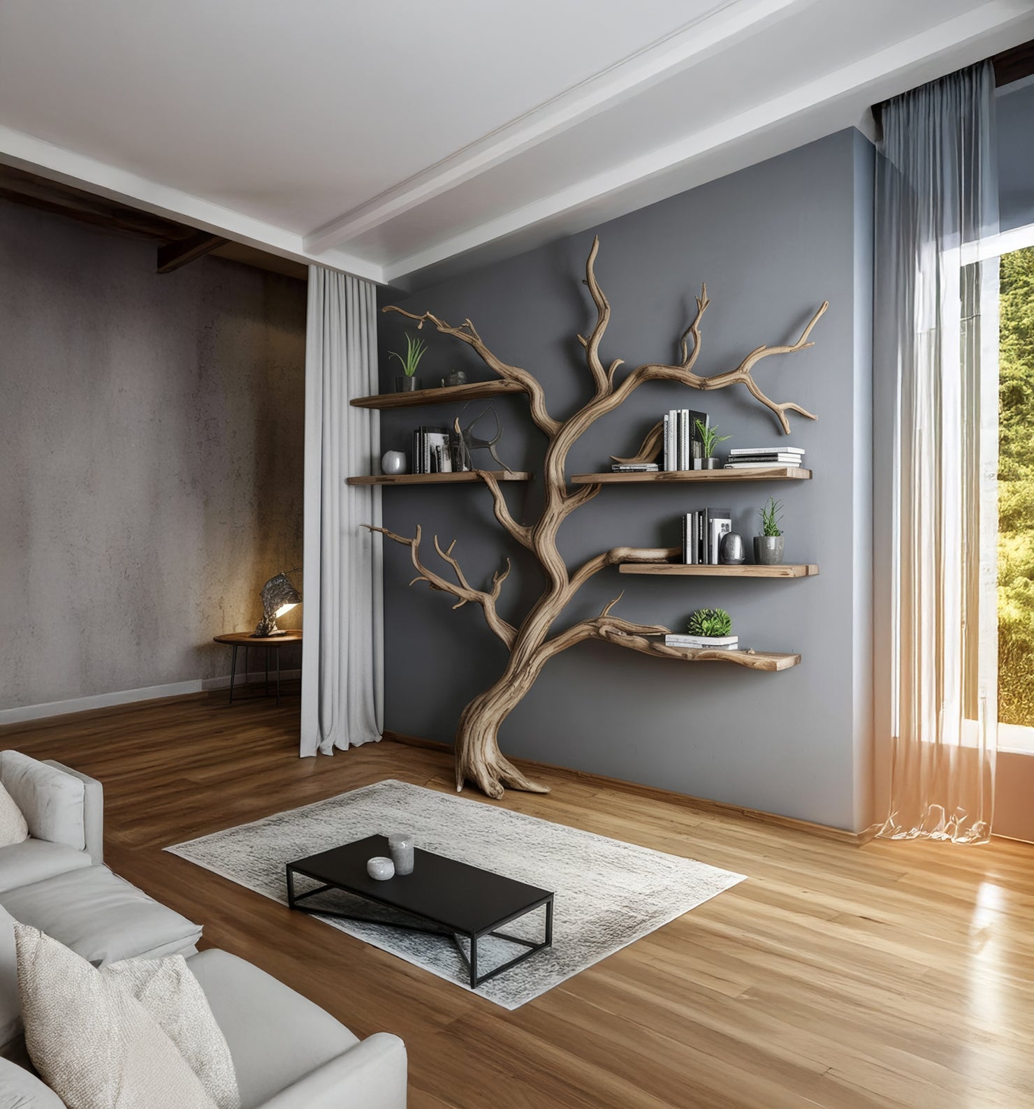 Boomtak Wandplank – Artistieke Massief Houten Zwevende Boekenplank