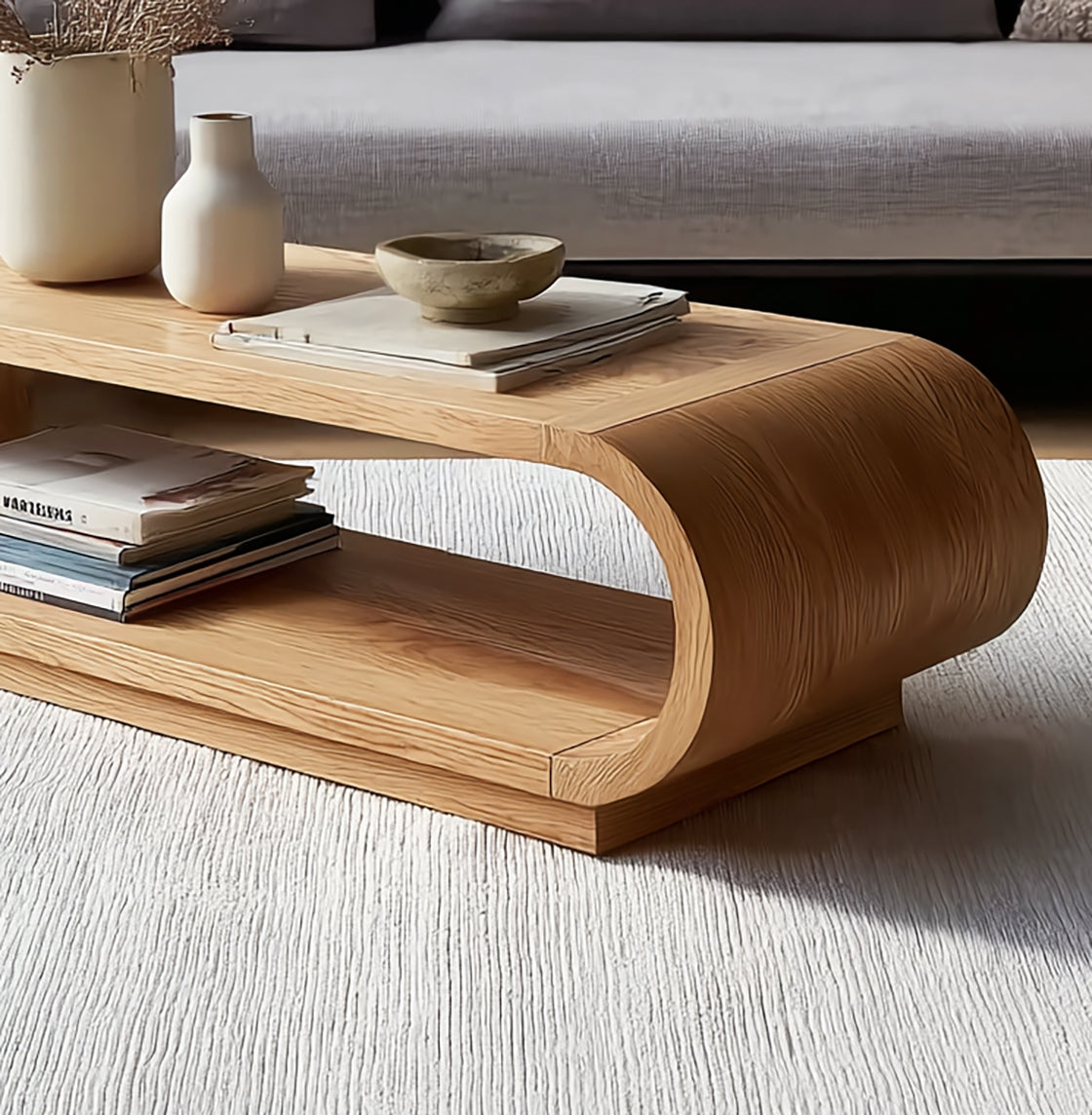 Modern Curved Wood Coffee Table – Minimalist Oak Center Table with Storage Shelf