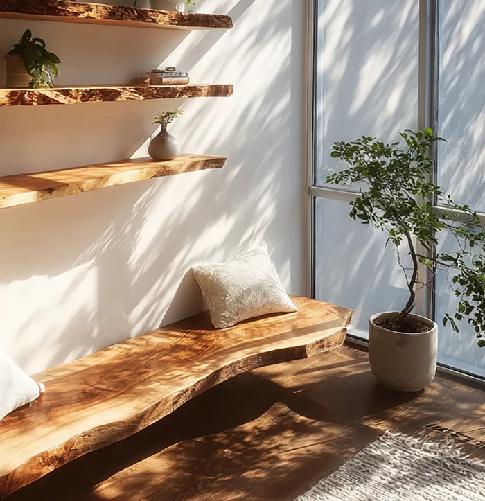 Golvende Handgemaakte Houten Wandplank – Live-Edge Drijvende Plank