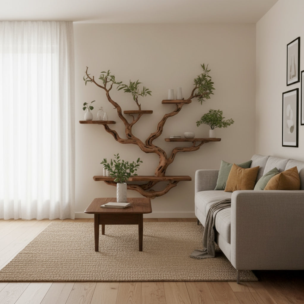 Floating Bookshelf – Tree Branch Wall-Mounted Bookcase for Rustic Home Decor
