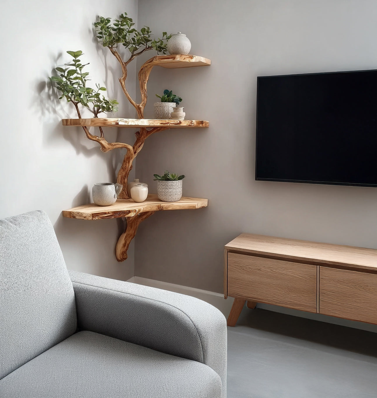 Rustic Corner Tree Branch Shelf – Wooden Floating Corner Shelf