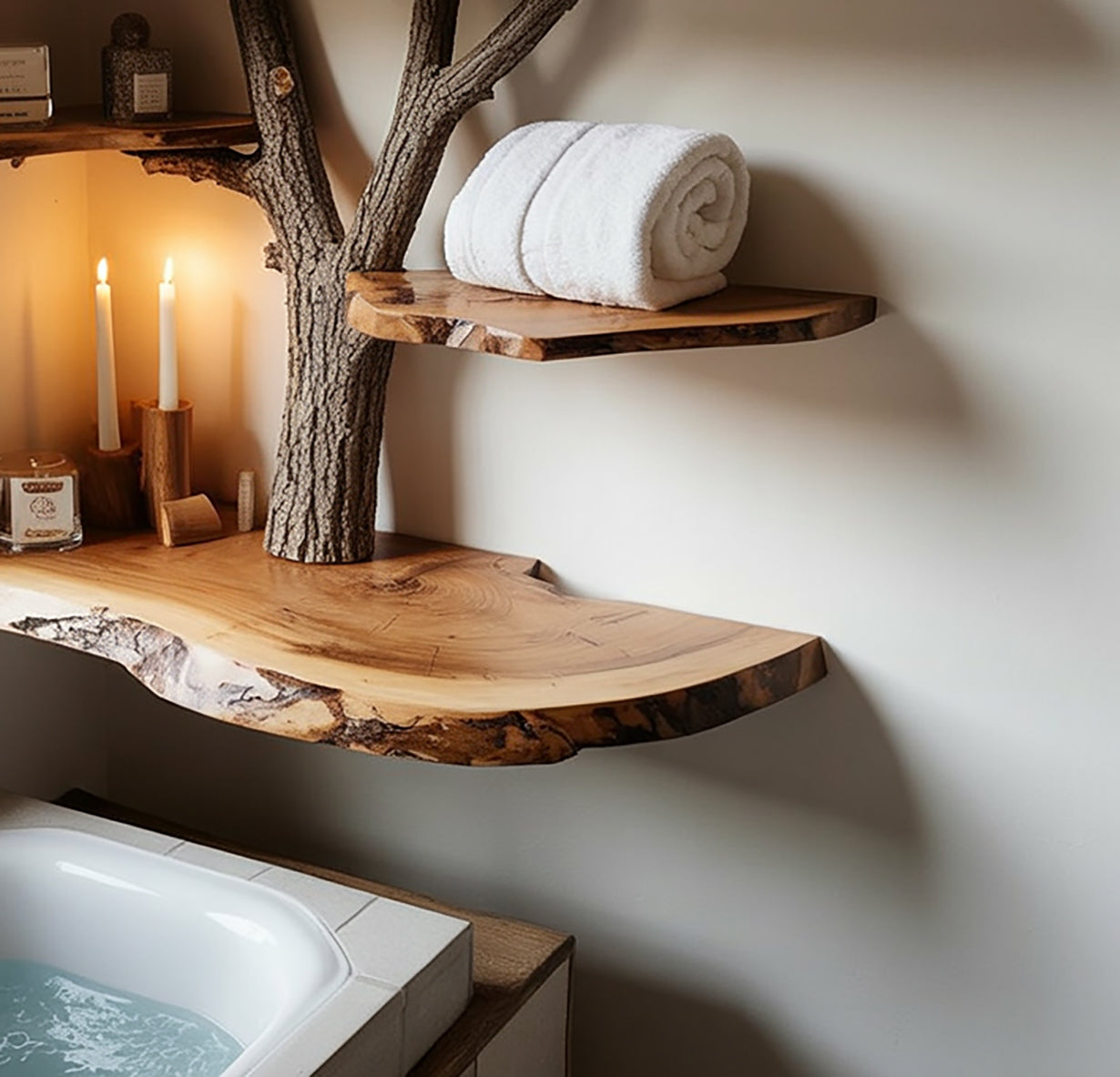 Live Edge Tree Branch Corner Shelf – Handcrafted Solid Wood Floating Shelf