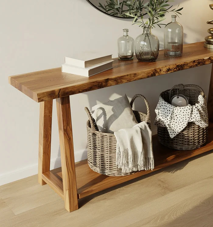 Gerecyclede Massief Houten Console Tafel – Handgemaakt Rustiek Live-Edge